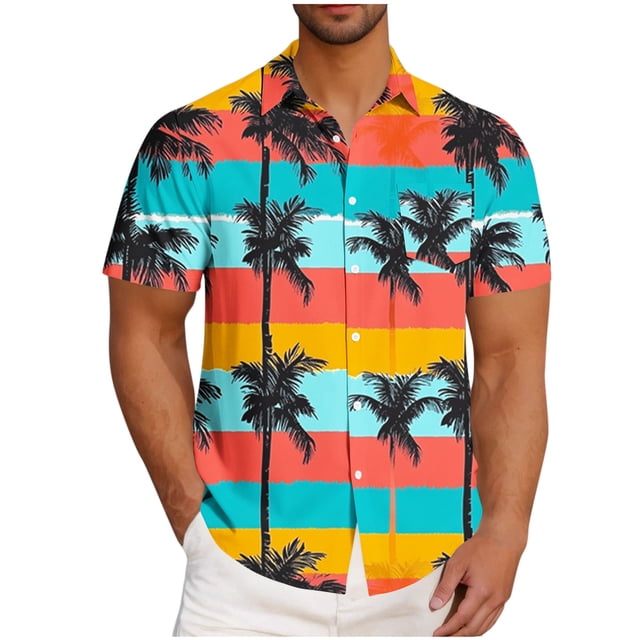 Styesk T-Shirts pour Homme Mode Décontractée Col Rabattu Impression Hawaïenne Manches Courtes Cardigan à Boutons