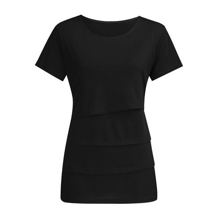 

asdoklhq Maternity Clothes for Women Clearance Maternity O-Neck Solid Short Sleeve Breast-Feeding Pregnant Woman Nursing Blouse