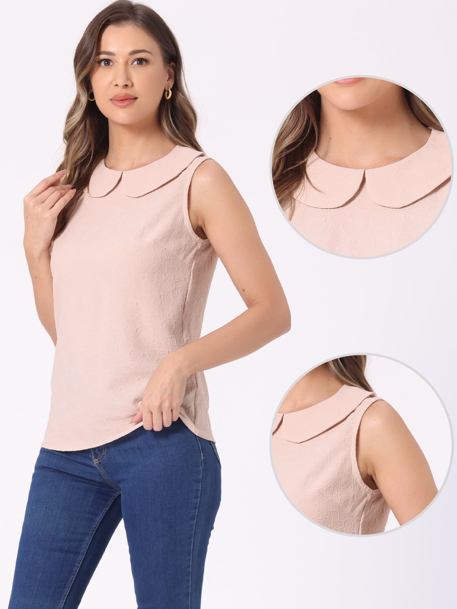 DARING DIVA Women's Peter Pan Collar Sleeveless Jacquard Floral Blouses S Pink