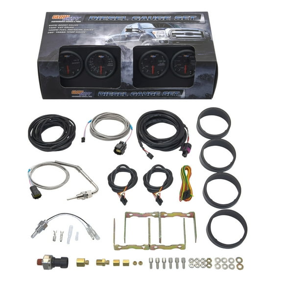 GlowShift Black 7 Color 4 Gauge Diesel Set - 60psi Boost, 1500 Pyrometer EGT, Trans Temp & 100psi Fuel Pressure Gauges