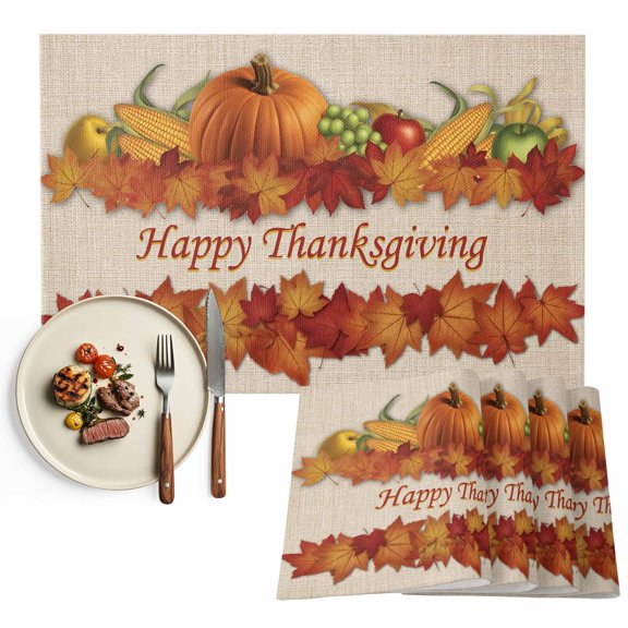 Fall Pumpkins Placemats Set of 2, Thanksgiving Maple Leaf Autumn Country Harvest Washable Wipeable Table Mats for Dining Tables, Indoor Outdoor Kitchen Place Mats for Holiday Party Table Decor