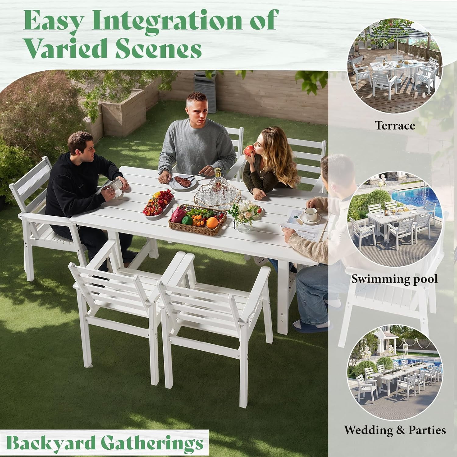 LUXOAK 7 Piece HDPE Outdoor Dining Set, 71" Table with 6 Chairs, Patio Furniture, White