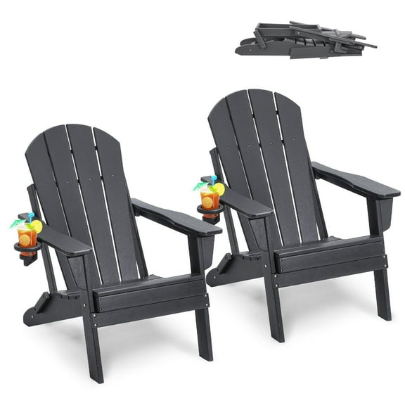 2-Piece Gray All-Weather Plastic Adirondack Chair Set with Foldable Fire Pit Table, Outdoor Patio Furniture for Deck, Garden & Backyard