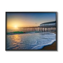 Stupell Sunlit Coastal Pier Ocean Foam Landscape Photography Black Framed Art Print Wall Art