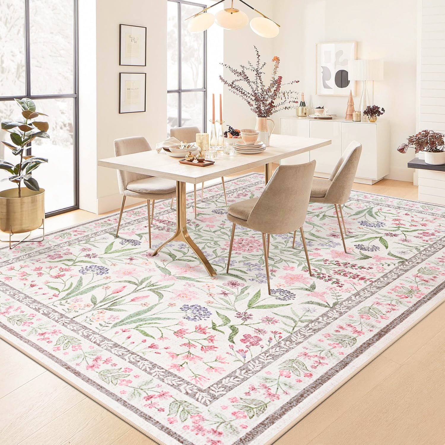 Astorug 4x6 Ft Pink Floral Area Rug - Machine Washable Low Pile Non-Slip Carpet, Boho Vintage Farmhouse Decor for Living Room, Bedroom, Nursery & Office