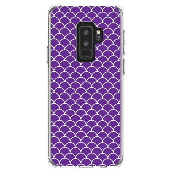 DistinctInk Clear Shockproof Hybrid Case for Samsung Galaxy S9  PLUS (6.2" Screen) - TPU Bumper, Acrylic Back, Tempered Glass Screen Protector - Purple White Scalloped Pattern