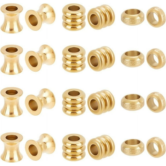 30pcs 3 Styles Paracord Beads European Beads Stainless Steel Column Beads 4~5mm Large Hole Lanyard Spacer Beads Golden Metal Beads for DIY Necklace Bracelet Jewelry Making