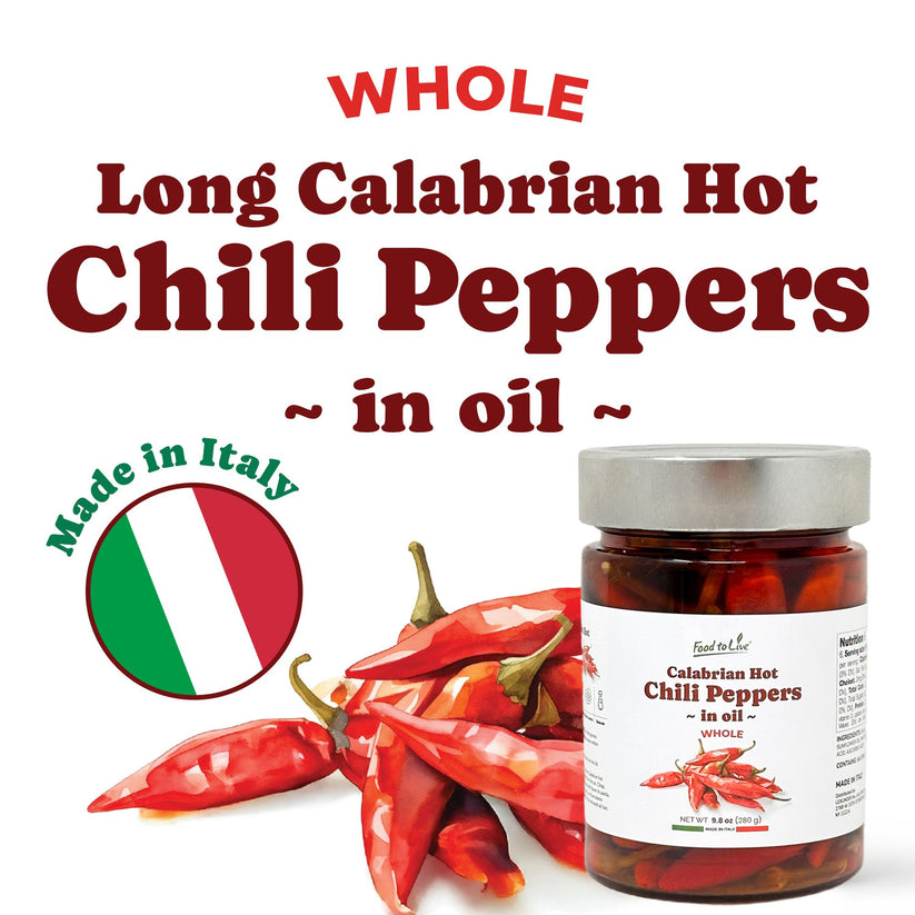 Food To Live Whole Long Calabrian Hot Chili Peppers in Oil, 280 gr – Spicy and Savory Italian Gourmet Seasoning for Pizza, Pasta and Rice. Vegan (Pack of 3)