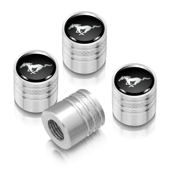 Ford Mustang Black on Silver Aluminum Cylinder-Style Tire Valve Stem Caps