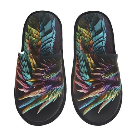 Balery Dragon with Colorful Tail Slient Indoor Furry Fleece Comfort House Shoes Soft Non-Slip Home Shoes Cotton slippers House Slippers-- Large