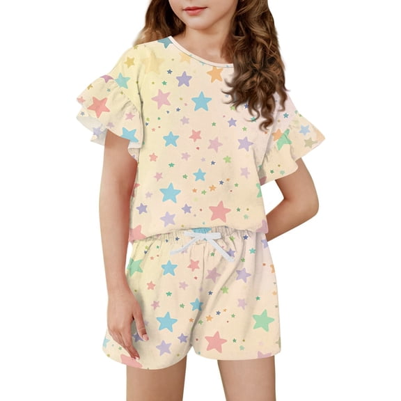 Grblisyd Girls Summer Outfits 2 Piece Sets Fruit Print Ruffle Short Sleeve Shirts and Drawstring Elastic Waist Shorts Set Kids Clothes