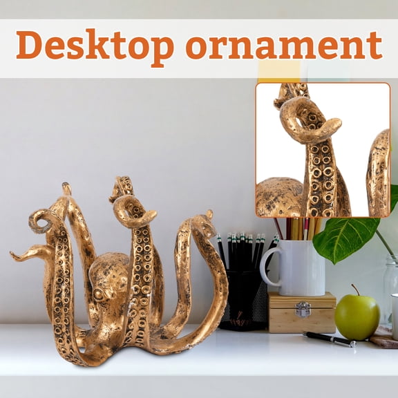 Golden Octopus Statue Display, Coastal Decor for Home, Beach Decorations for Home, Mantel Decorations, 10X8X6 Inch Freestanding Resin Ornament for Indoor and Outdoor Landscape