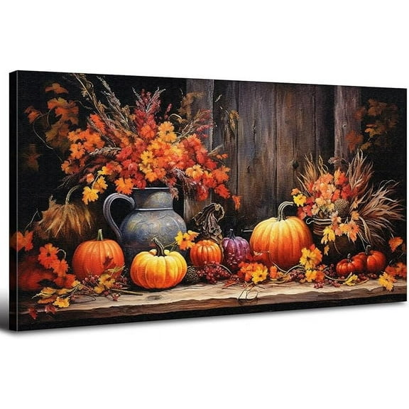 Orange Pumpkin Canvas Wall Art Kitchen Wall Decor Farmhouse Dining Room Pictures Halloween Painting Autumn Flowers Canvas Prints Fall Harvest Theme Posters