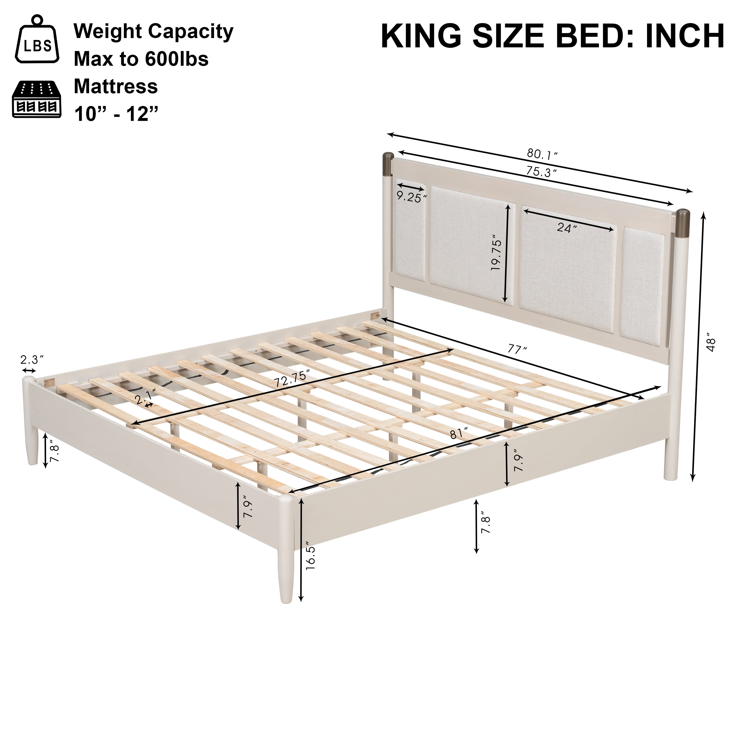 King Bed Frame 81 Inch, Solid Wood Platform Bed with Upholstered Headboard and Metal Handles, Heavy Duty Bed Frame with 600 lbs Support, Grey
