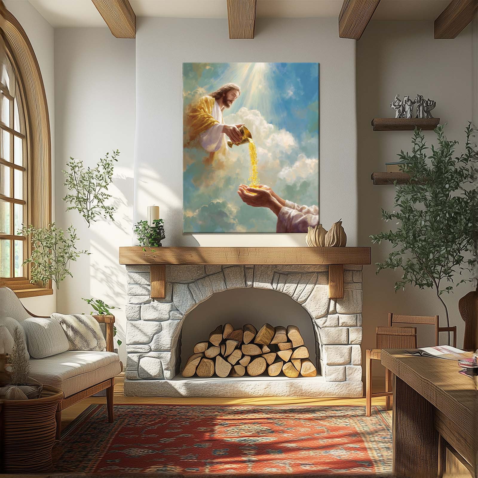 P&L Art Framed Canvas Wall Art - 24"x30" Divine Blessing Jesus Pouring Golden Grace Christian Faith Spiritual Home Church Large Statement Wall Decor