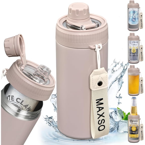 Sealed Can Cooler Fizz Lid Cover for 12 oz Regular, Slim Skinny Cans & As Thermal Bottle, 4-in-1 Insulated Vacuum Stainless Steel Carbonated Cold Drink Holder - Oat
