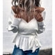 thumbnail image 3 of Suéter de manga larga con cuello en V para mujer, suéter informal de corte bajo con cintura atada en la espalda, suéter calado en la espalda para mujer, Top blanco XL, 3 of 6