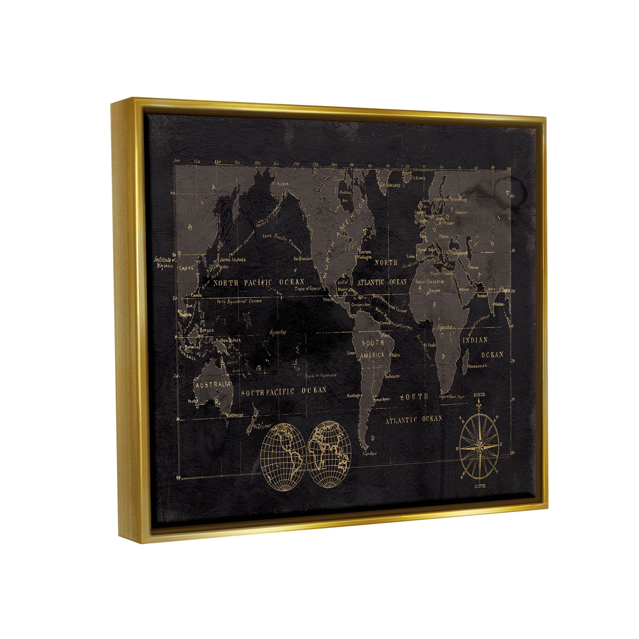 Stupell Industries Black Detailed World Map Graphic Art Metallic Gold Floating Framed Canvas Print Wall Art, Design by Carol Robinson