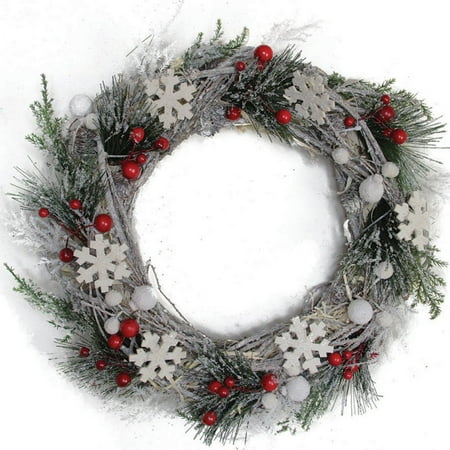 White Christmas Wreath - Northlight Snowflakes and Berries Winter Foliage Unlit Christmas Wreath