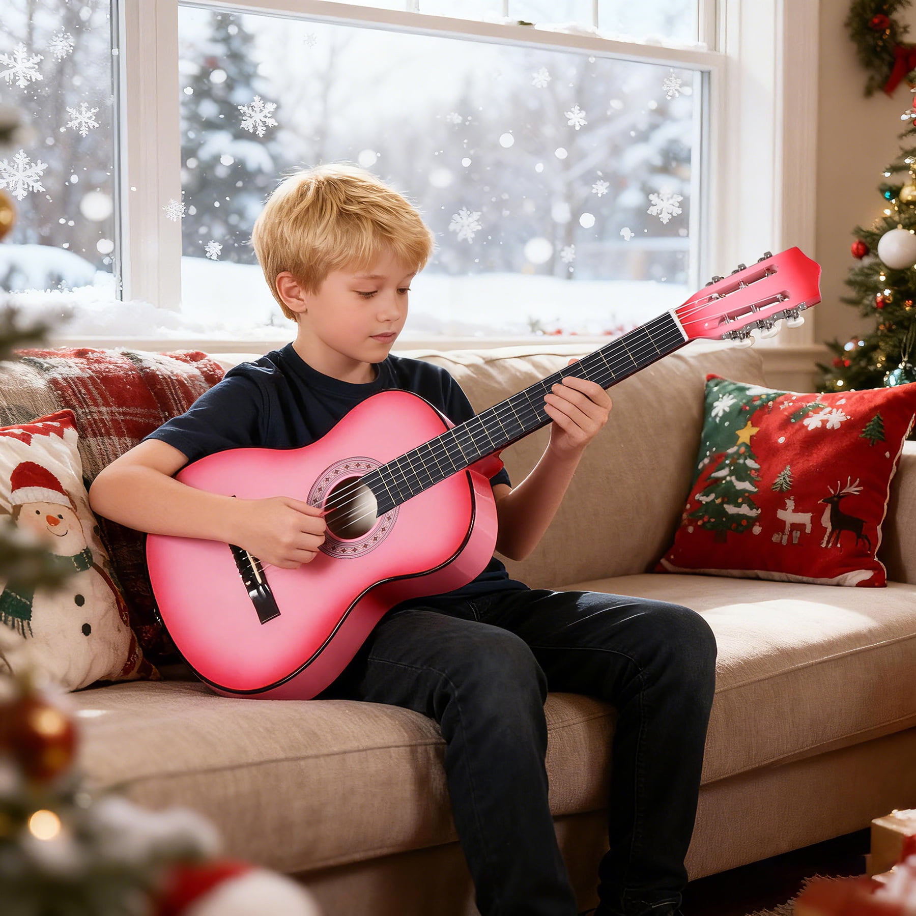 SuperDeal 38-Inch Round Shoulder Acoustic Guitar Kit 6 Strings Full Size Classic Beginners Children Adults All-Solid Wood with Carrying Case, Strap, Tuner and Pick, Pink