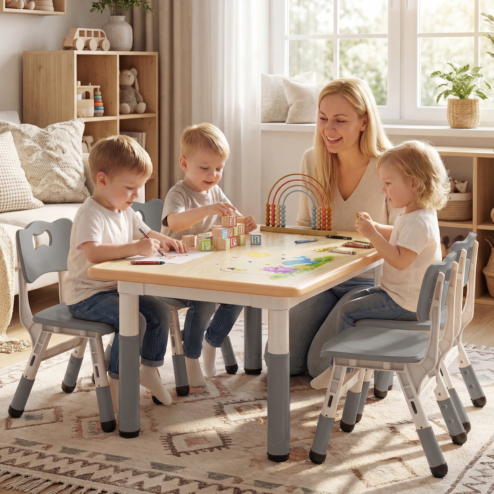 LINLUX Kids Table and 4 Chairs Set, Height Adjustable Table & Chairs, Spacious Activity Table for Toddlers, Gray