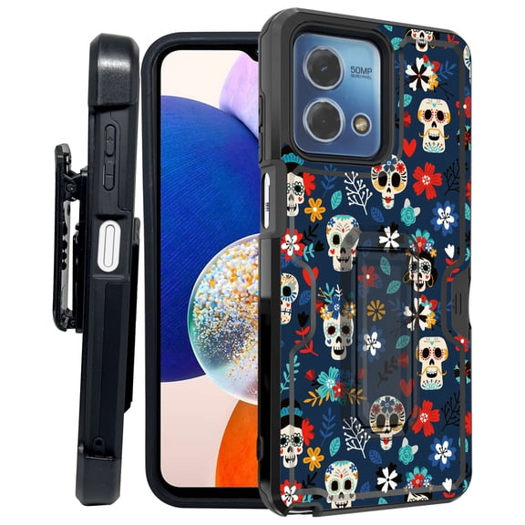 ANJ  Rugged Shockproof Kickstand Hybrid Case with Card Slot and Holster   Tempered Glass Cover for Motorola Moto G Stylus 5G (2023) - Candy Skull Carnival