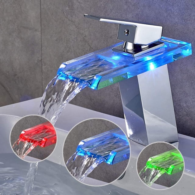 Grifo de lavabo con cascada LED RGB, grifo mezclador de baño con 3 cambios de color, grifo de cascada, vidrio de latón cromado para baño