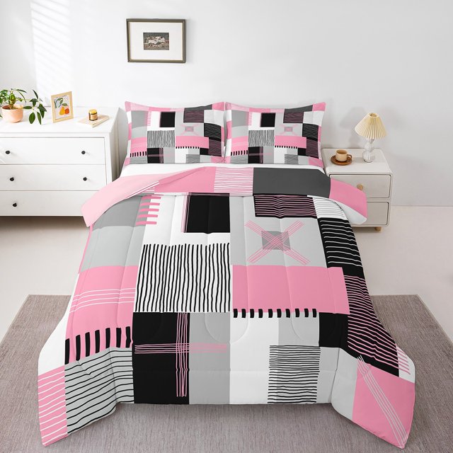 Erosebridal Geometric Stripe Bedding Twin Comforter Set,Rectangle Lines Down Comforter,Patchwork Decor,Reversible,Lightweight,2-Piece