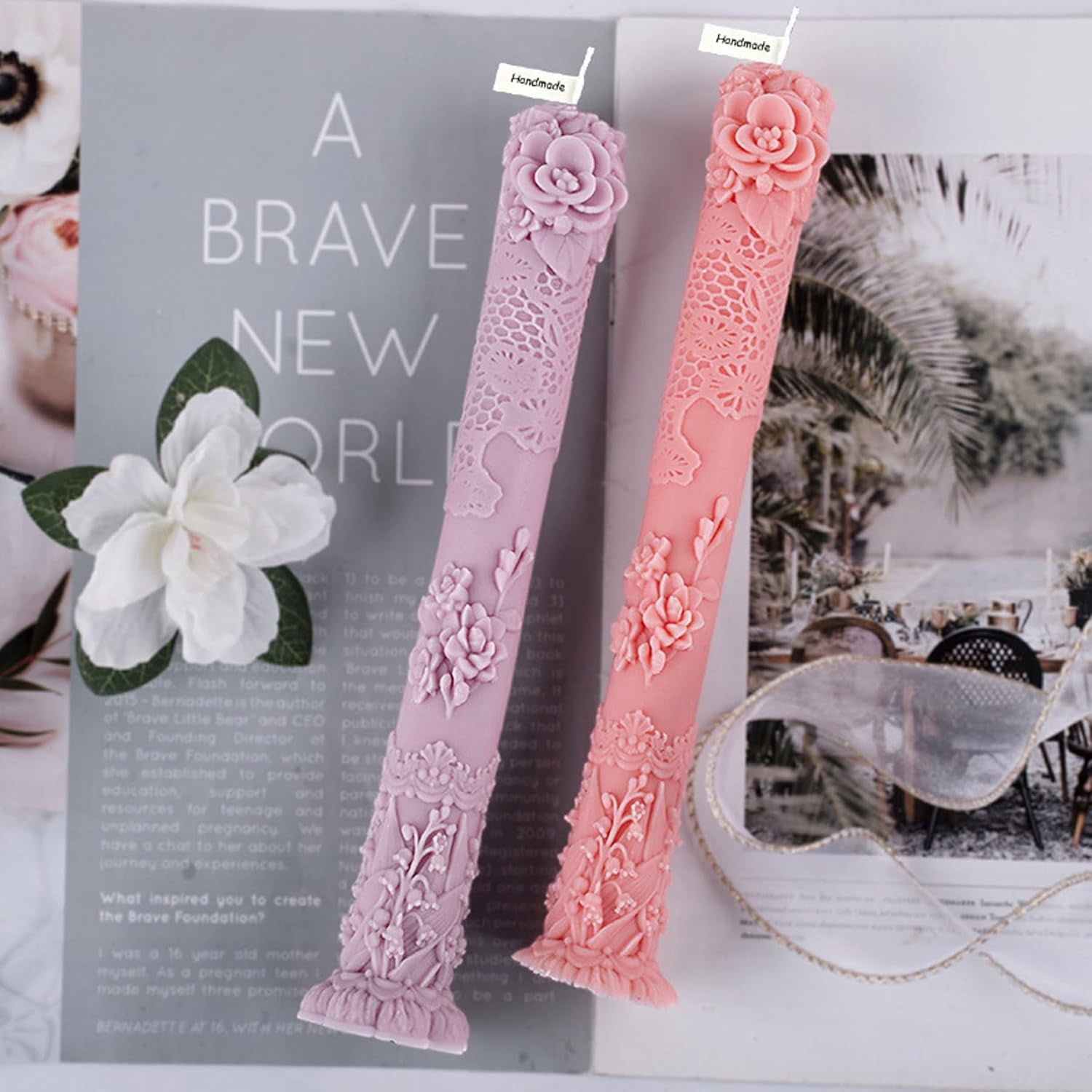 ABCISI Vintage Long Pillar Candle Mold, Intricate Floral Design, Silicone Mold for DIY Candle Making & Handmade Soap, DIY Wax Plaster Clay Craft Silicone Mold for Home Decorations Gift
