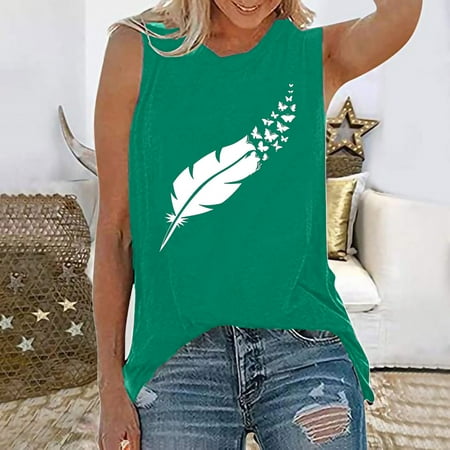 

FREE SHIPPING-camisole Women Casual Feather Printing Sleeveless O-Neck Loose Vest Tops nightgowns for women lingerie valentines day birthday gifts Green