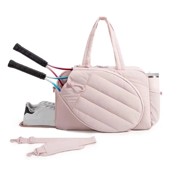 Quilted Tennis Pickleball Tote Bag with Racket Compartment and Shoe &Bottle Storage