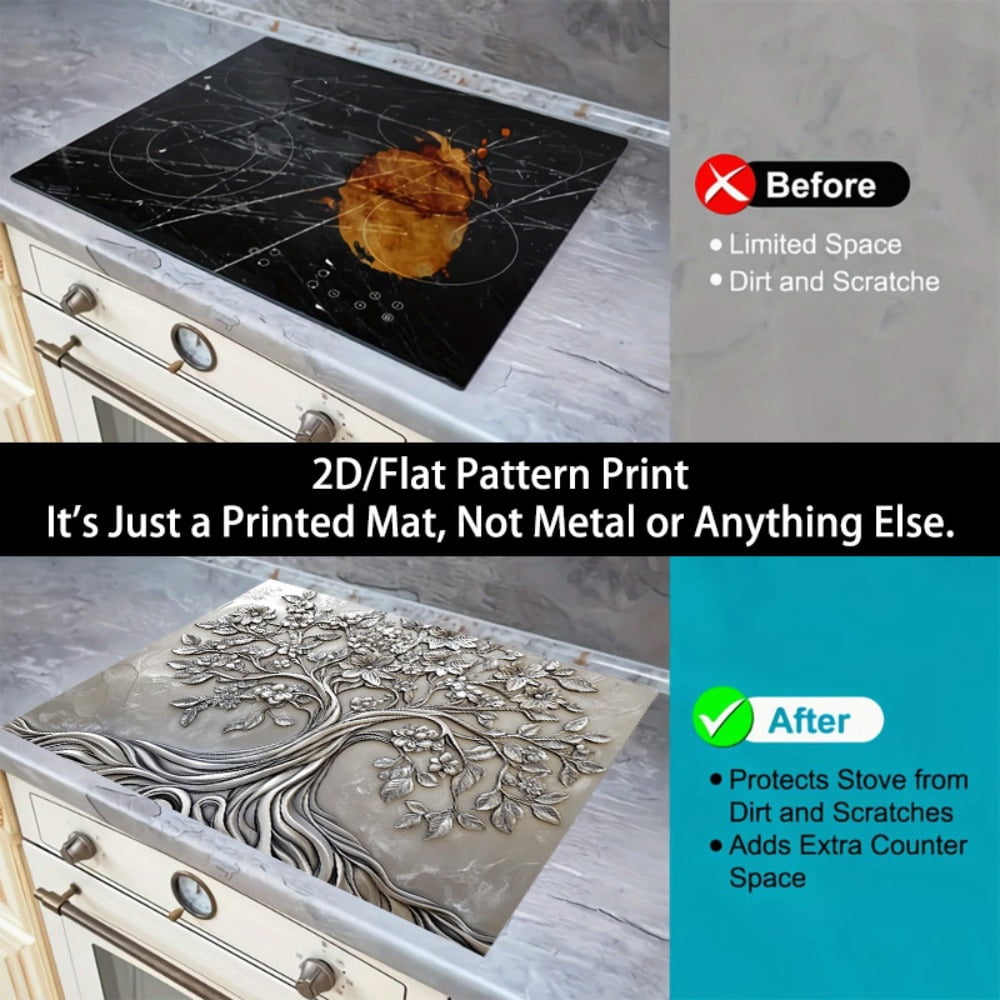 1 2D/flat stove cover protection pad, silver embossed wind flower branch leaf tree pattern design, 28.3x20.5 inches (72×52cm), easy to clean, perfectly suitable for any kitchen, washing machine, drye