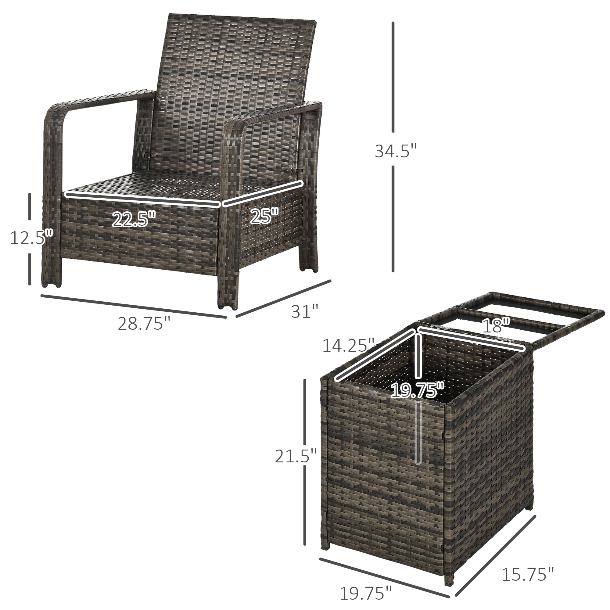Outsunny 3 Piece Patio Furniture Set, PE Rattan Wicker Storage Table and Chairs w/ Tufted Cushions, Beige