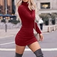thumbnail image 2 of Women Knitted Long Sleeve Dress Womens High Necked Long Sleeved Knit Bottom Solid Color Dress With Wrap, 2 of 9