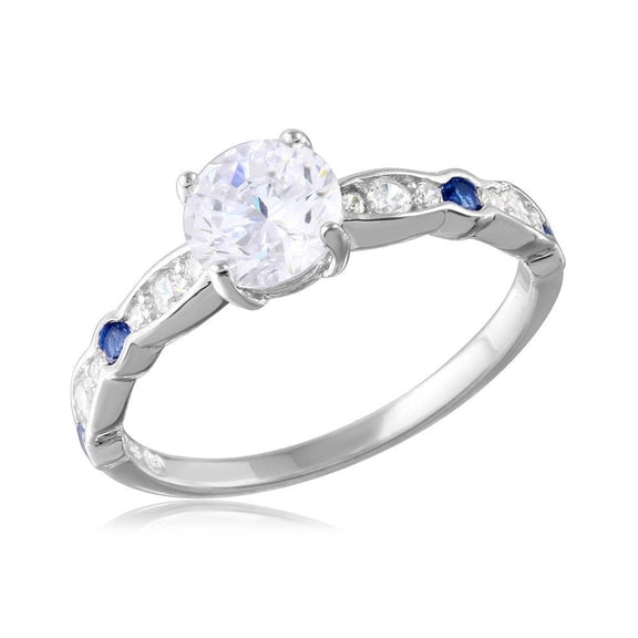 Polished Rhodium Plated Sterling Silver 925 Blue & Clear CZ Ring Band White Female Size 6