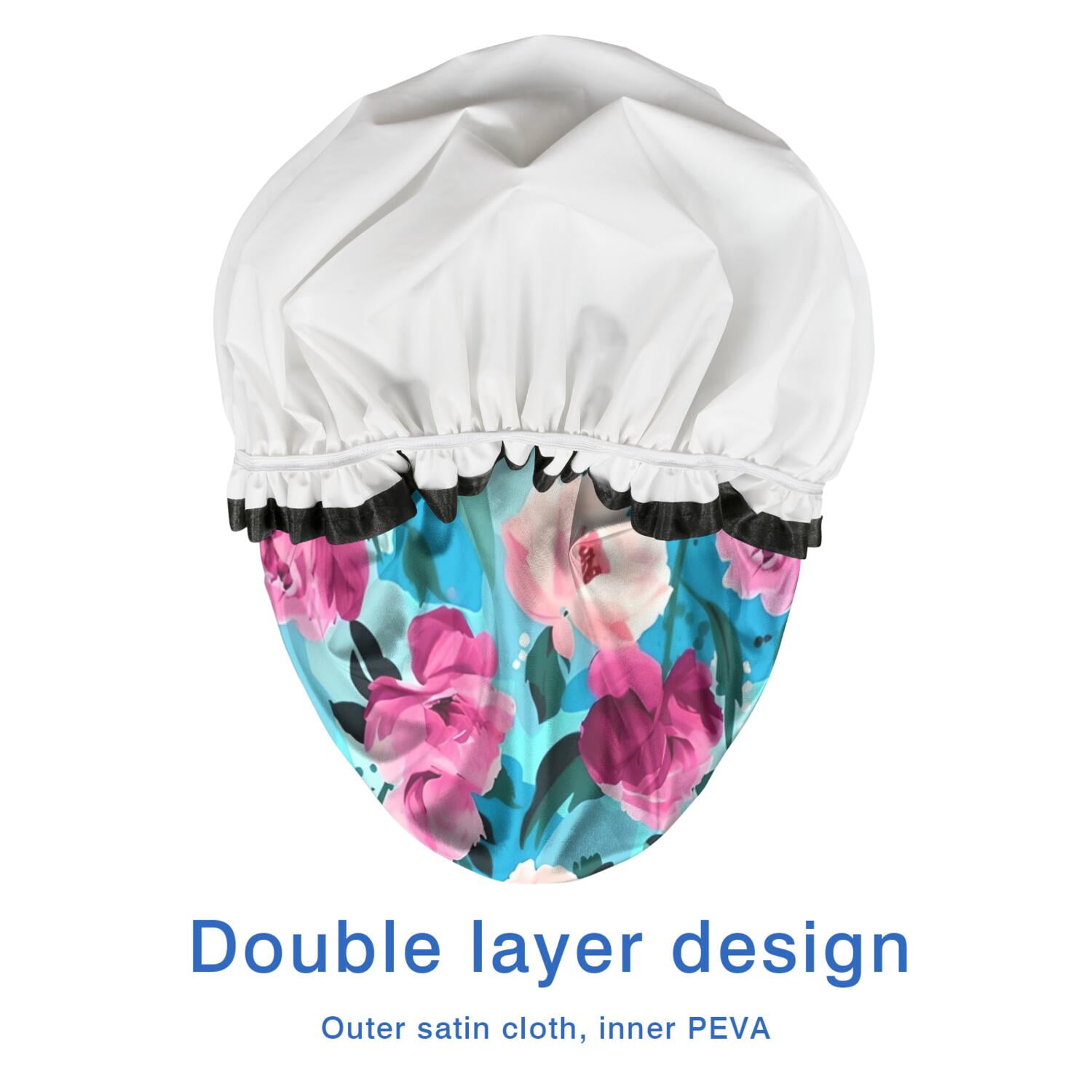Shower Caps,Pioneer Flower Floral Print Pattern Waterproof Shower Cap for Women 4 Pieces,Double Reusable Hair Cover for Shower PEVA Elastic Stretch Hem
