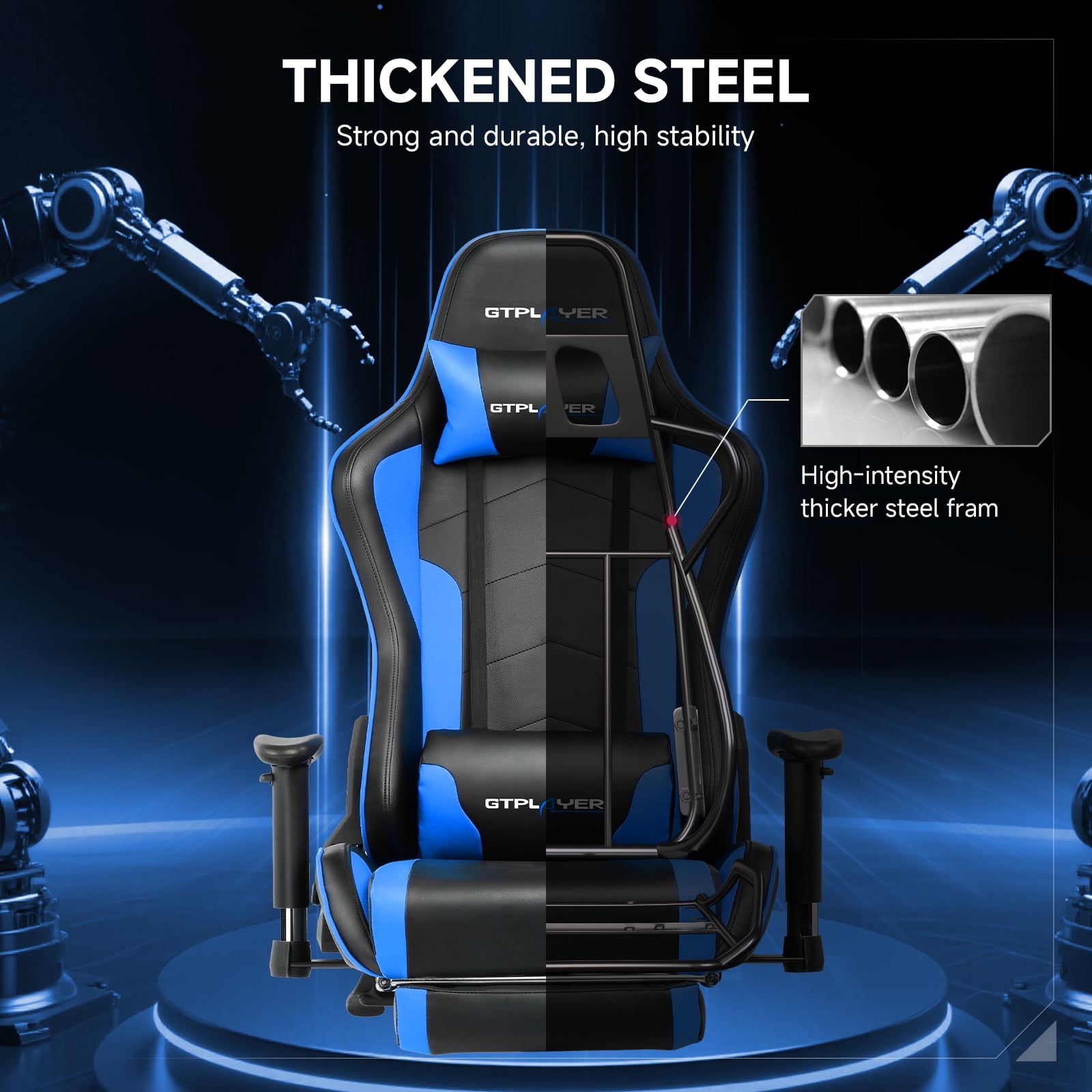 GTPLAYER Gaming Chair with Bluetooth Speakers Footrest PU Leather Music Office Chair, Blue
