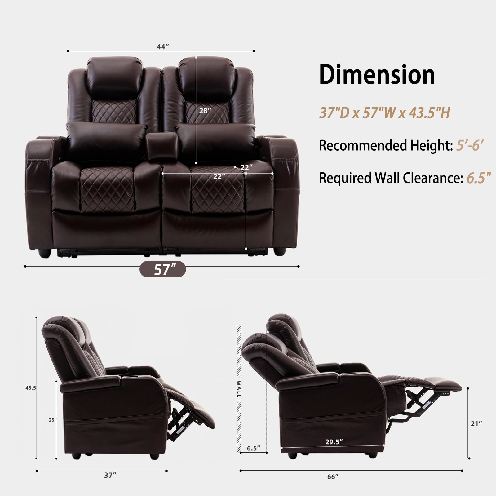 57" Loveseat Recliner, Recliner Sofa with 3 Cup Holders and 2 Pillows, Wall Hugger Recliners & 135° Reclining Loveseat (Brown PU Leather Furniture)