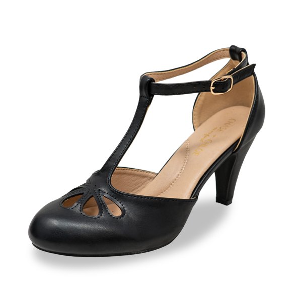 Chase & Chloe Kimmy-36 Women's Teardrop Cut Out T-Strap Mid Heel Dress Pumps