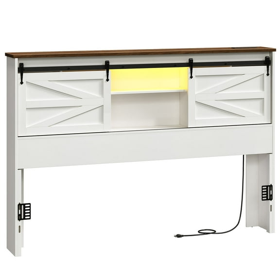 HOOBRO Queen Size Headboard, Headboard with Charging Station and LED Light, 3-Tier Storage Headboard with Outlets and USB Ports, Stylish Headboard, Height Adjustable, White and Walnut WT30UDBH01