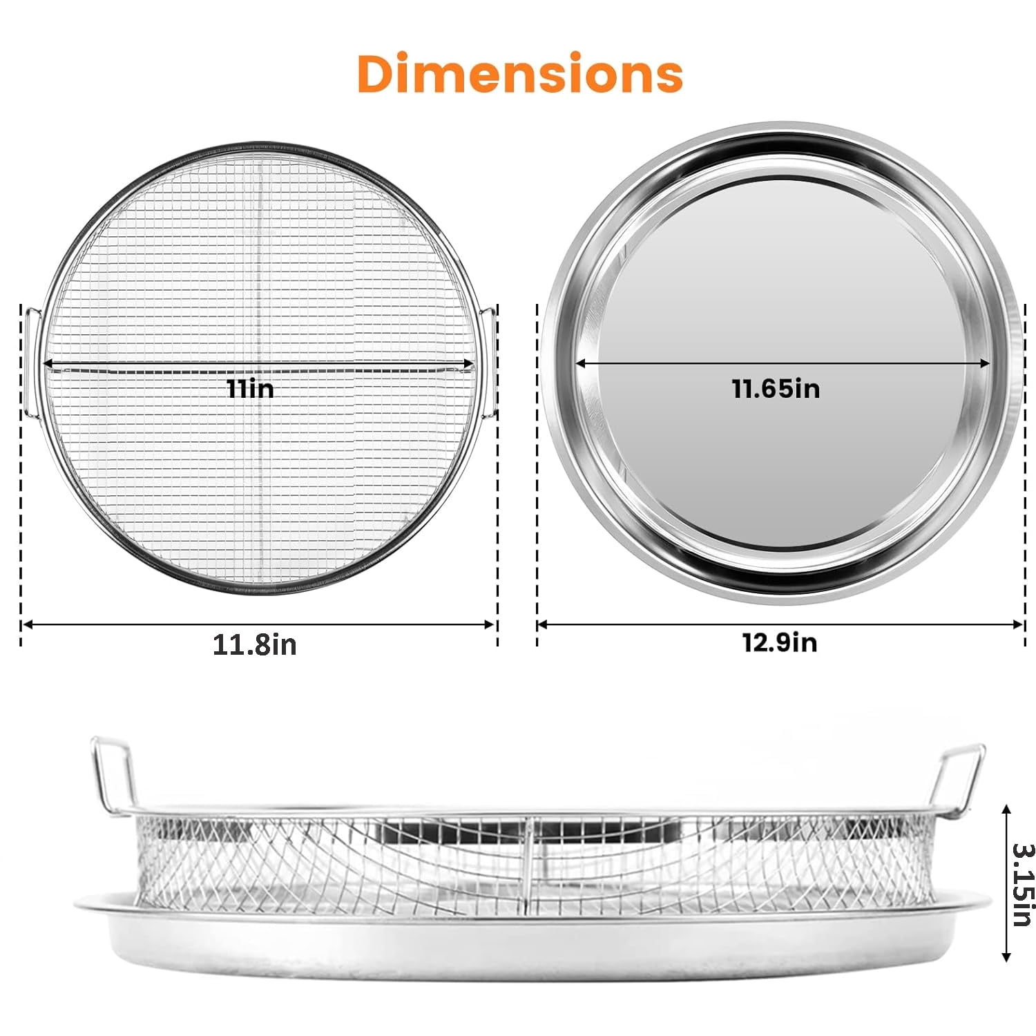 Air Fryer Basket for Oven, 2 Piece Round Silver 13" Non-stick Crisper Tray, Non-stick Stainless Steel Oven Air Fryer Basket and Tray for Baking & Crispy Foods, Dishwasher Safe