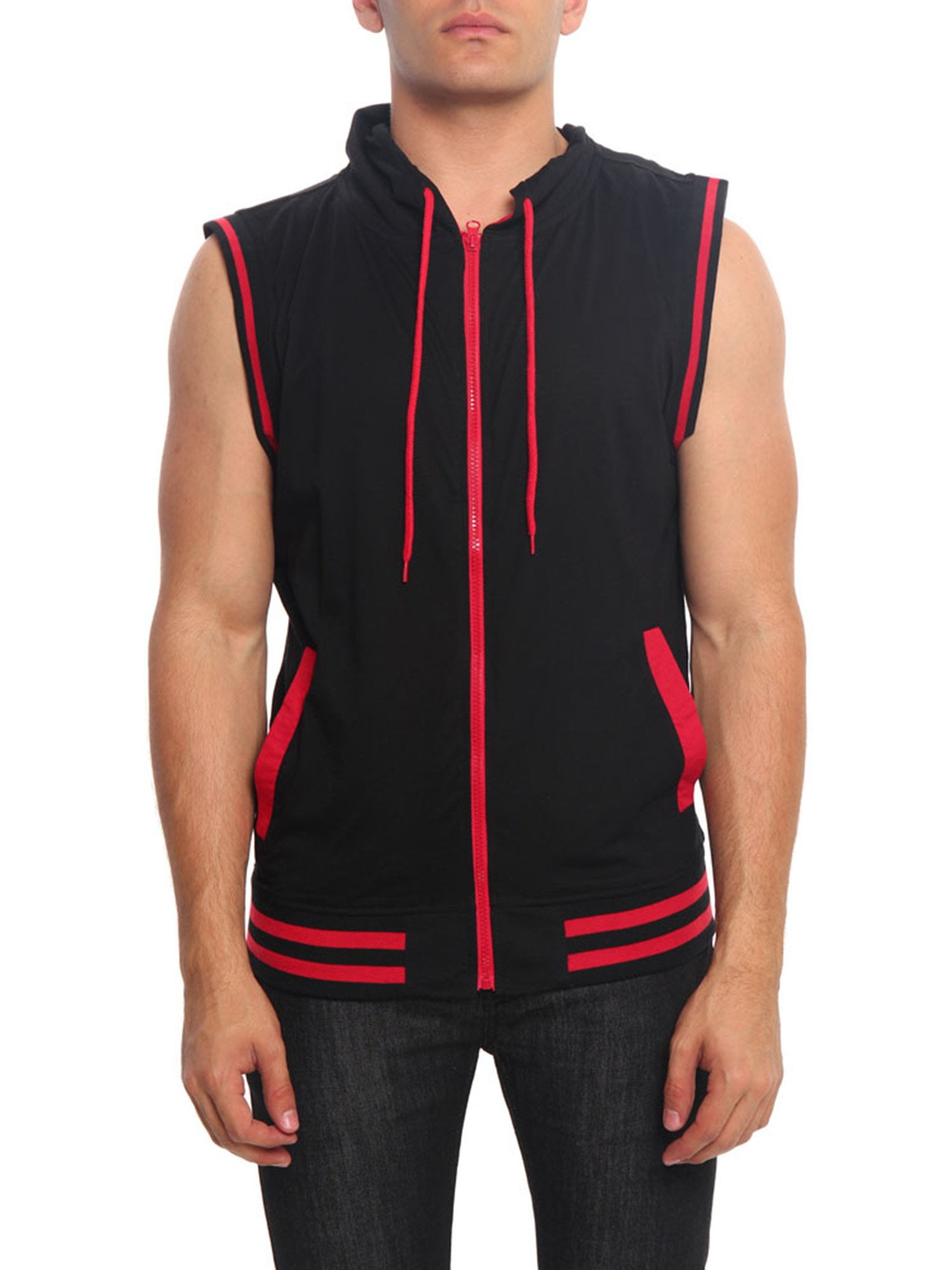 Victorious Mens Lightweight Athletic Casual Sleeveless Contrast Zipper Hoodie 