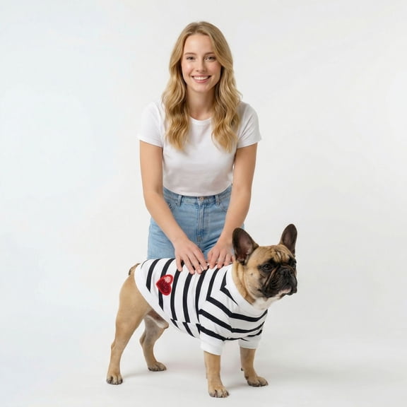 Small Dog Apparel, Dog Clothes for Small Dogs, Small Dog Shirt, Cute Dog Clothes, Gray Striped Xl Size Dog Shirt with Sequin Heart Detail for French Bulldogs, Pugs, Teddy Teacup