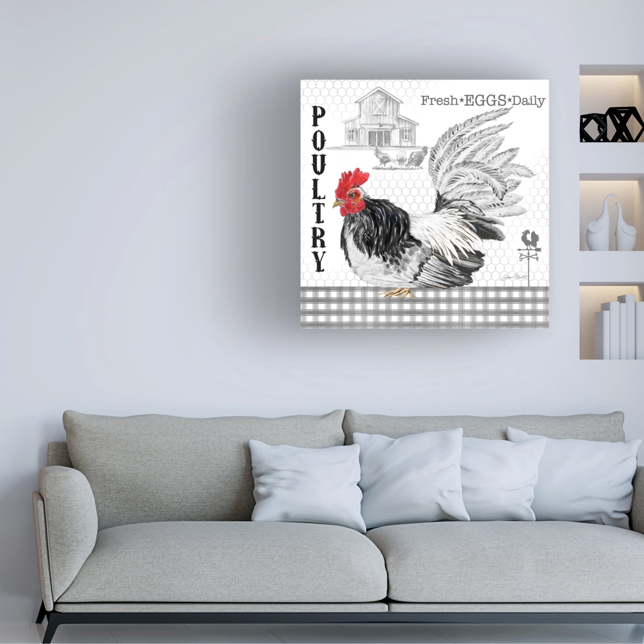 Canvas Wall Art - Jean Plout 'Plaid Country Rooster C' Wall Art for Living Room, Bedroom, or Office Décor by Trademark Fine Art - 35 x 35 Inches