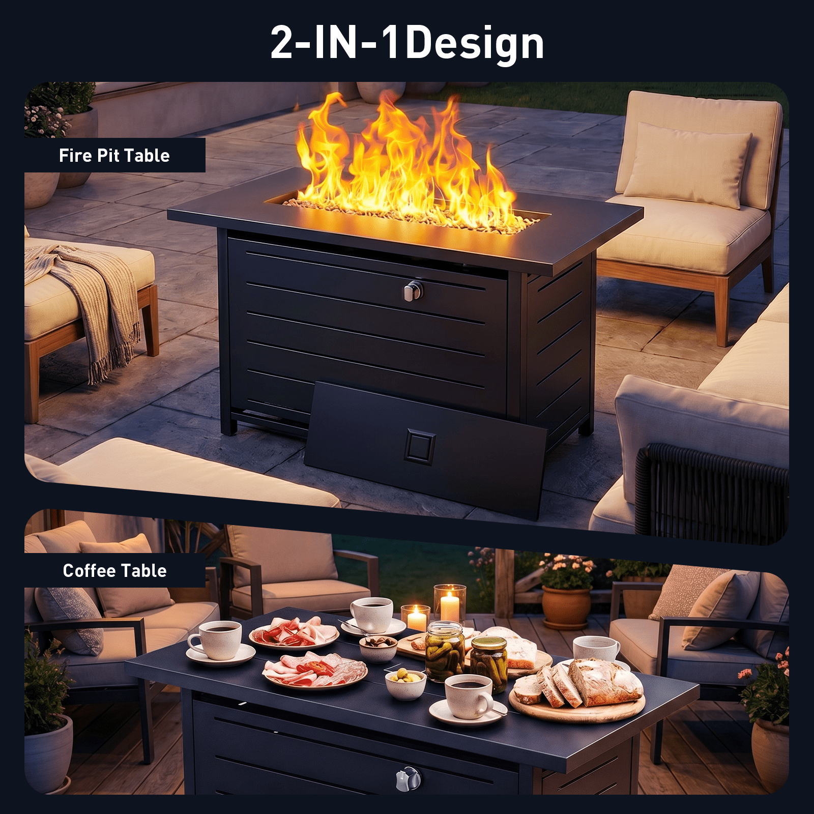 Philergo 43" Rectangular Gas Fire Pit Table, 60,000 BTU Propane Fire Pits for Outside with Lid and Lava Rock