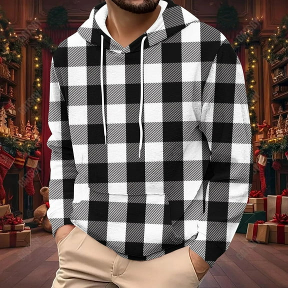 S-4X Big & Tall Flannel Hoodies for Men Plus Size Fleece Sherpa Sweatshirts Long Sleeve Pullover Plaid Printed Thermal Athletic Workout Hoodie Tops