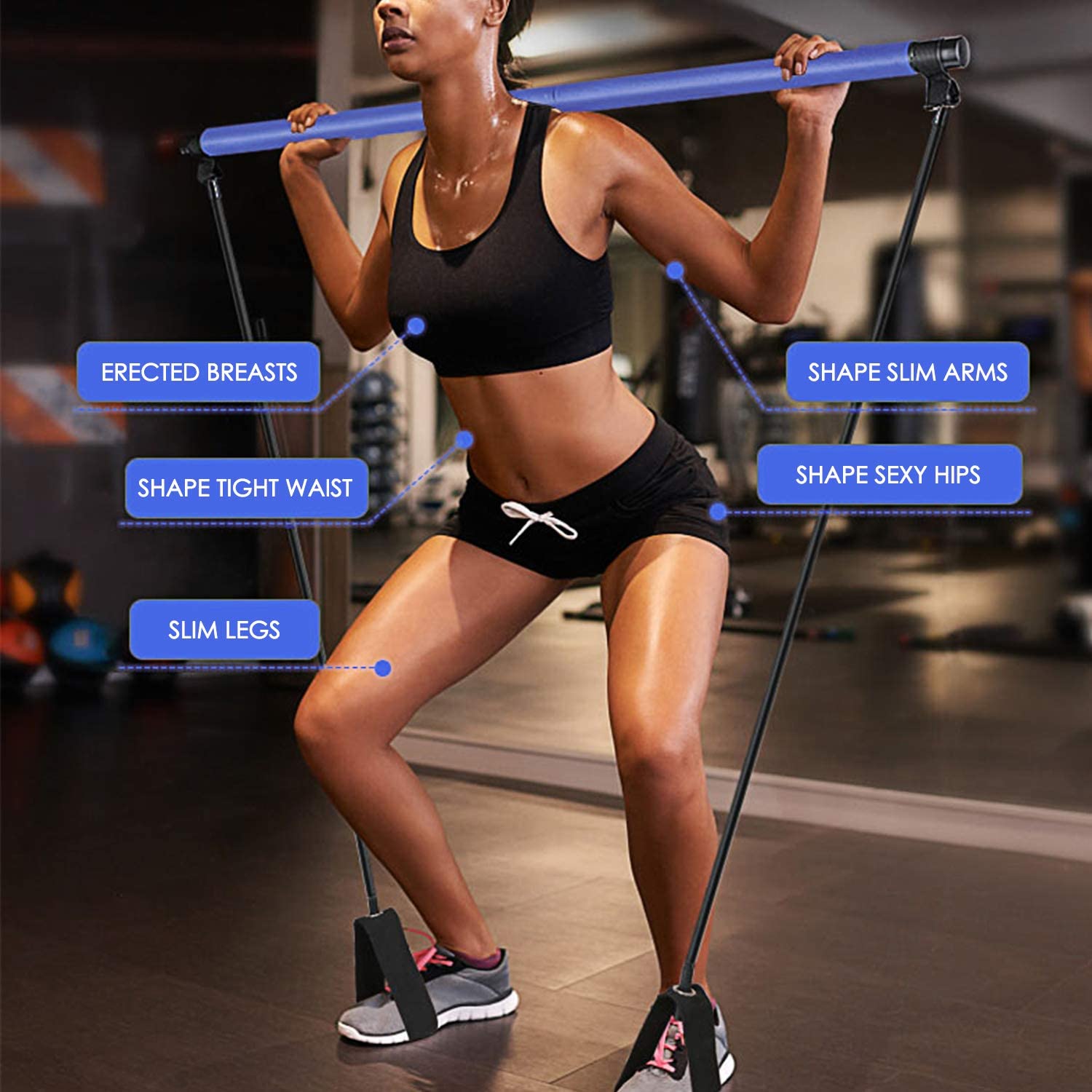 ASA Portable Pilates Bar Stick Fitness Exercise Bar Yoga Stick Resistance Band Workout Resistance Bands Loop Set Fitness (Blue) - image 5 of 5