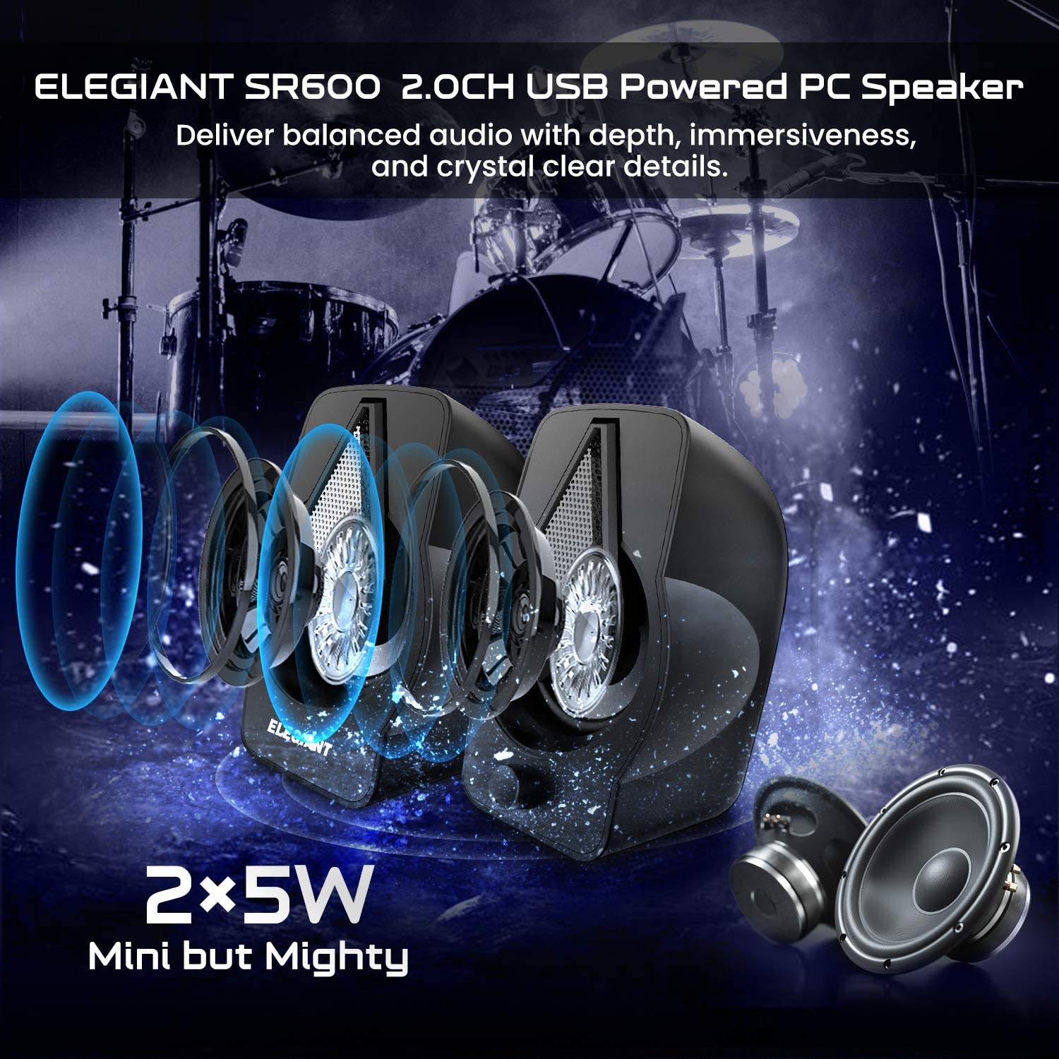 Computer Gaming Speakers, ELEGIANT 10W LED PC Speakers with RGB Multi-Light Rhythm Modes, Easy-Access Volume Control, 2.0 Stereo USB Speakers for PC/Laptops/Desktops/Phone/Ipad - image 2 of 7