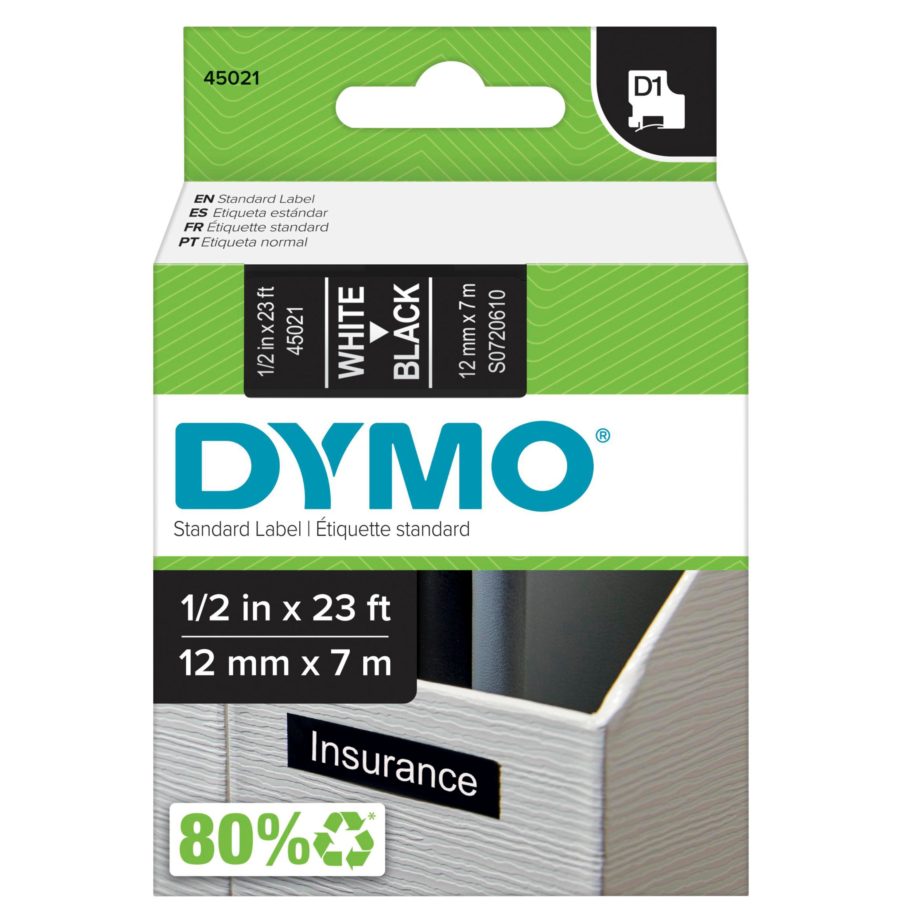 Dymo D1 Label Cassette Black On White 1/2" x 23' 