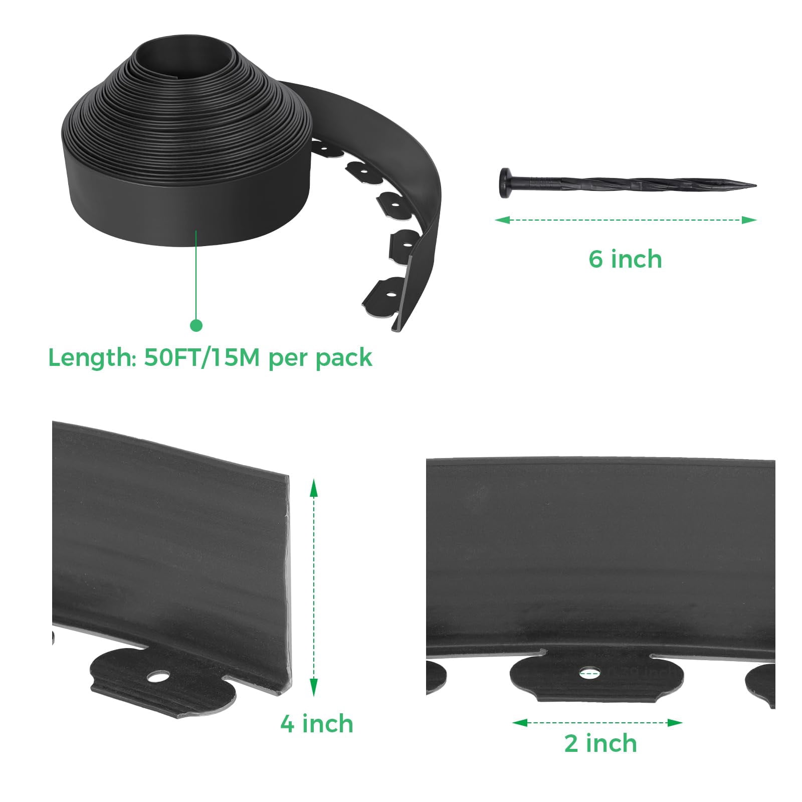 4-Inch x 50 FT Landscape Edging Border with 75 Spikes, Garden Edging Lawn Border Kit, Plastic Edging Border Flexible for Garden Flower Beds Lawn Yard Pathway Paver Edging (Black)